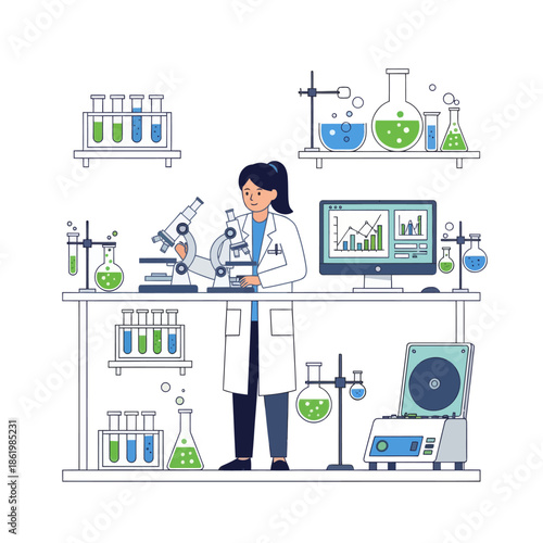 Scientist working in laboratory with microscope and equipment, research and development concept