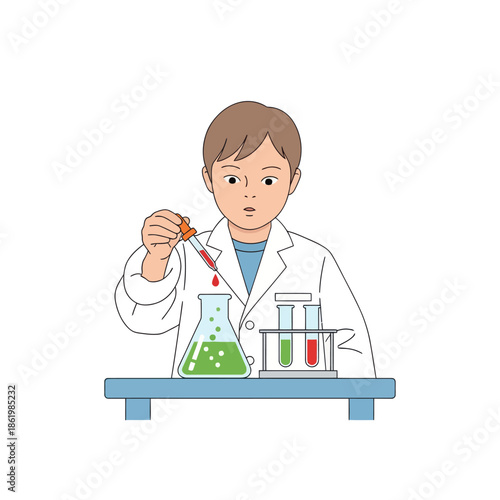 Curious Boy in Lab Coat Conducting Science Experiment with Dropper and Flask