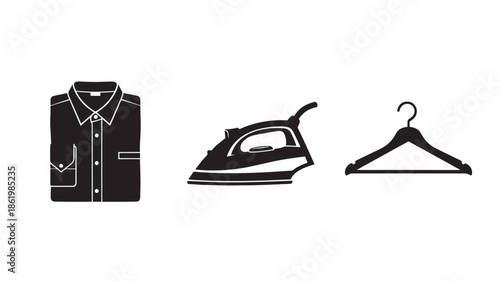 Ironing shirt on hanger in simple monochrome illustration for laundry service