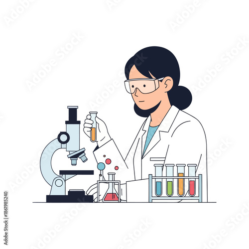 Female Scientist Working with Microscope and Test Tubes in Laboratory