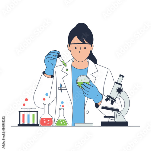 Scientist Conducting Experiment with Microscope and Test Tubes in Laboratory