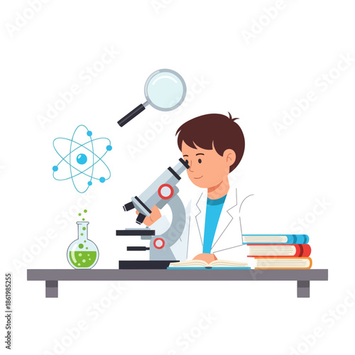 Curious boy scientist studying with microscope, books, and science symbols on white background