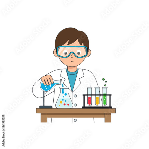 Young boy in lab coat and goggles pouring liquid into flask, science experiment