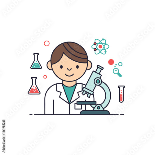 Young Scientist Character with Microscope and Lab Equipment, Flat Design