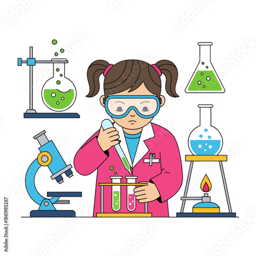 Young girl in lab coat experimenting with colorful liquids in test tubes and beakers