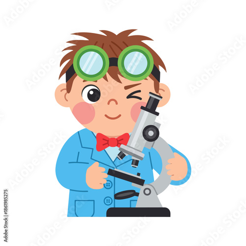 Curious Boy Scientist Winks with Microscope, Wearing Lab Coat and Goggles