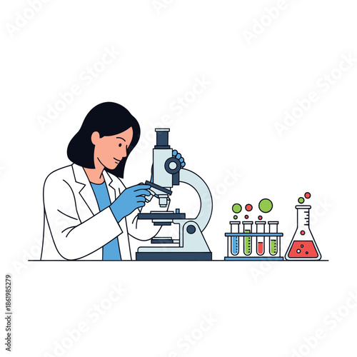 Scientist Woman Looking Through Microscope in Laboratory with Test Tubes and Beakers