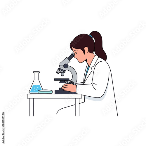 Scientist Woman Examining Sample Under Microscope in Laboratory