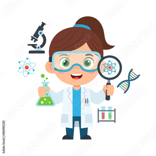 Young Female Scientist Holding Flask and Magnifying Glass, Surrounded by Science Symbols