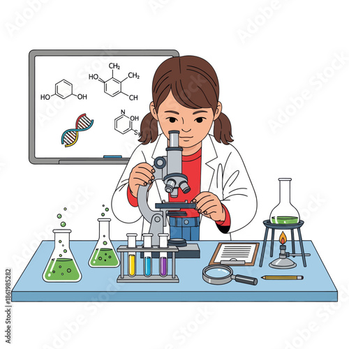 Young girl in lab coat using microscope, surrounded by science equipment and chemical formulas.