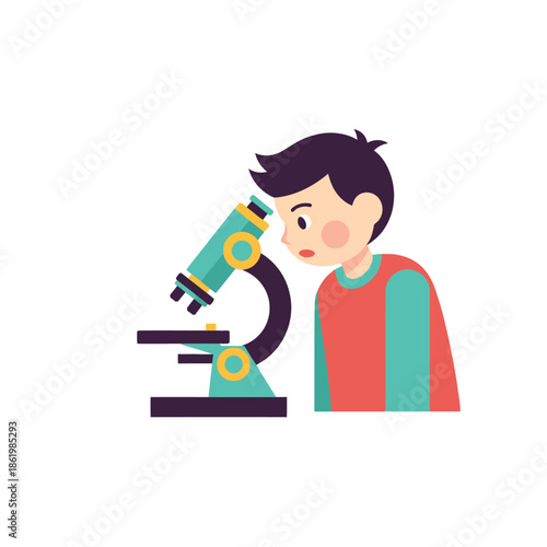 Curious boy looking through a microscope, studying science, flat design illustration