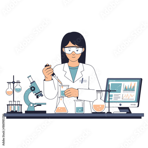 Female Scientist Conducting Experiment in Laboratory with Microscope and Computer