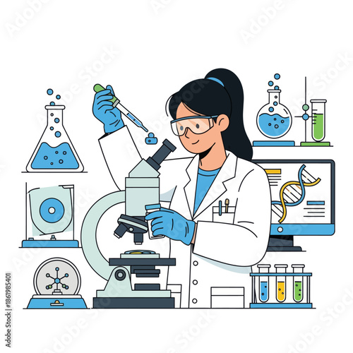 Scientist Woman Working with Microscope in Laboratory, DNA Helix on Screen