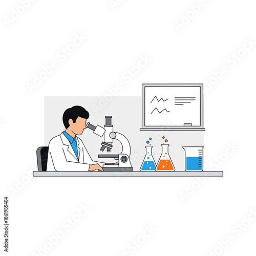 Scientist working with microscope in laboratory with beakers and whiteboard