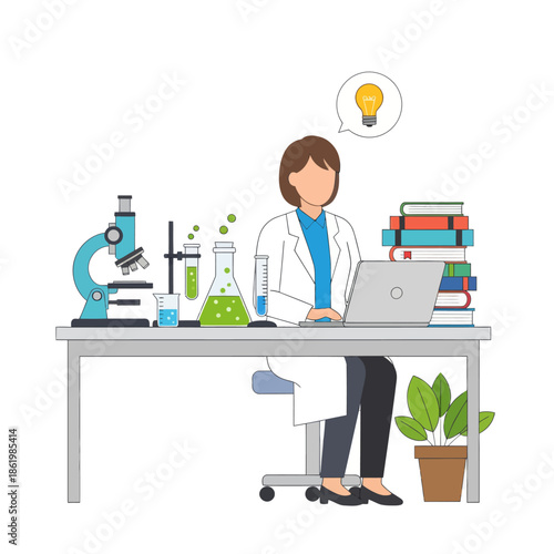 Scientist working in laboratory with microscope, beakers, and laptop, idea bulb symbol
