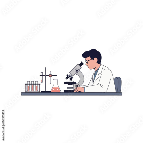 Scientist Working With Microscope and Test Tubes in Laboratory
