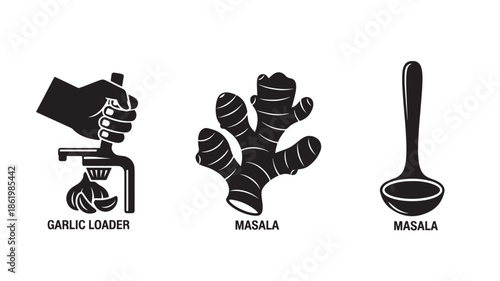 Indian spices and cooking utensils in minimalist monochrome style with bold lines and simple textures for recipe illustration