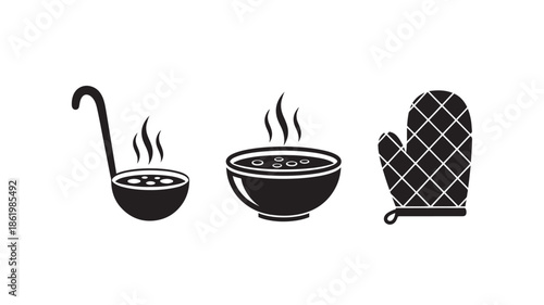Kitchen Utensils Silhouette with Steaming Bowls in Simple Design for Cooking Illustration