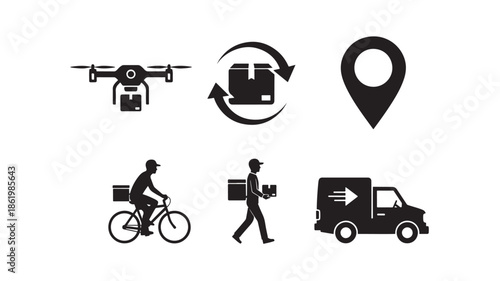 Delivery icons in minimalist black style on white background for logistics website