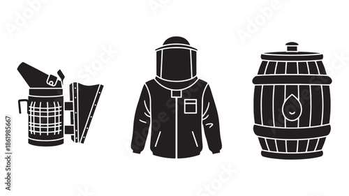 Beekeeping Equipment in Monochromatic Silhouette with High Contrast Lighting on White Background for Apiary Business