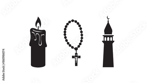 Religious Symbols in Simple Silhouette with Dramatic Lighting on White Background for Faith Representation