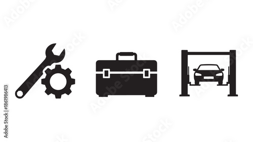 Car Maintenance Icons in Simple Flat Design with Black Color on White Background for Automotive Website