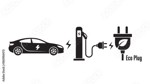 Electric Car Charging Station with Eco Plug in Simple Flat Design for Sustainable Energy