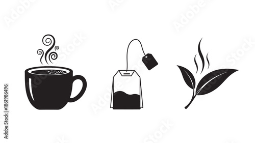 Tea Infusion Set in Minimalist Silhouette with Steam Rising in Monochromatic Design for Beverage Advertising