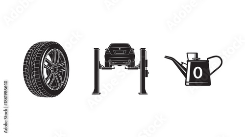 Car Maintenance Icons in Simple Monochrome Style with High Contrast Lighting on White Background for Automotive Industry