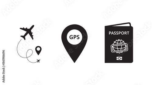 Travel icons in minimalist style with GPS location and passport in simple black and white design for navigation apps