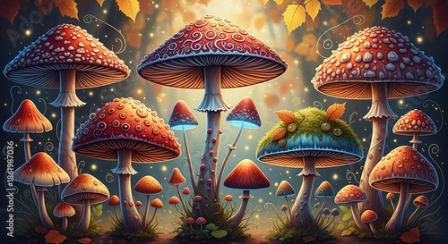 Fantasy mushrooms in an enchanting forest.