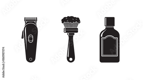 Grooming Tools Set in Modern Minimalist Style with Black Silhouettes on White Background for Mens Care Products