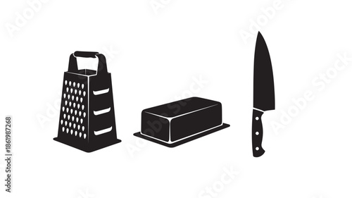 Kitchen utensils in minimalist style with black silhouette on white background for cooking illustration