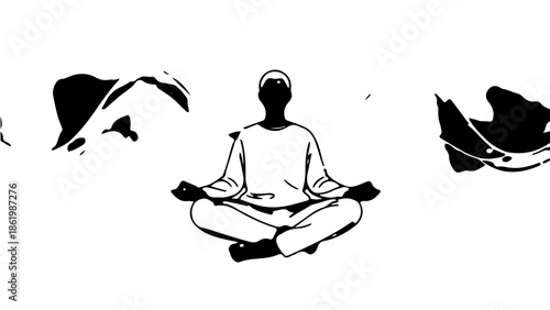 Minimalist vector illustration of a person meditating in lotus pose, zen mindfulness and mental health.