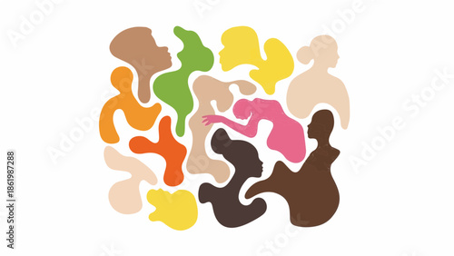 Abstract vector composition of diverse organic shapes and human silhouettes, body positive and inclusivity concept.
