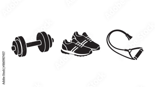 Fitness Equipment Set in Simple Monochrome Illustration Style with High Contrast Black and White for Health and Wellness