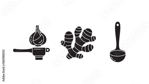 Kitchen utensils and garlic in minimalist black silhouette on white background for culinary design