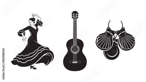 Flamenco Dancer with Guitar and Castanets in Monochromatic Silhouette for Cultural Heritage