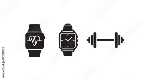 Smartwatch and dumbbell icons in minimalist design with black color and simple lighting for fitness app