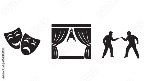 Theater masks and silhouetted actors on stage in dramatic black and white for entertainment industry