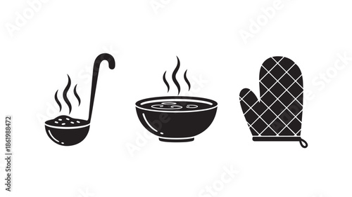 Kitchen Utensils Silhouette with Steaming Soup in Minimalist Design for Cooking Illustration