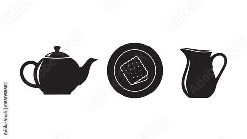 Tea Set Silhouettes in Minimalist Black Design on White Background for Icon or Logo