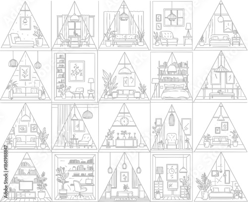 Collection of diverse interior design sketches within triangular frames
