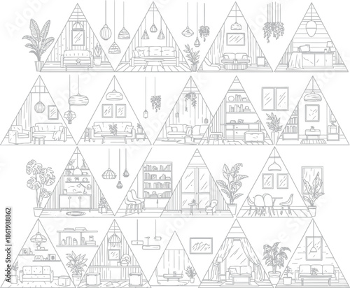A striking abstract pattern of interior design sketches within geometric triangles