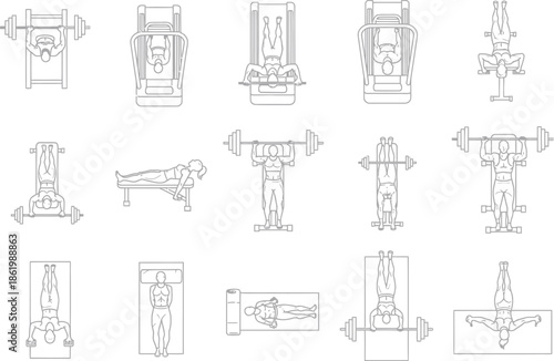 Collection of fitness equipment and exercise illustrations