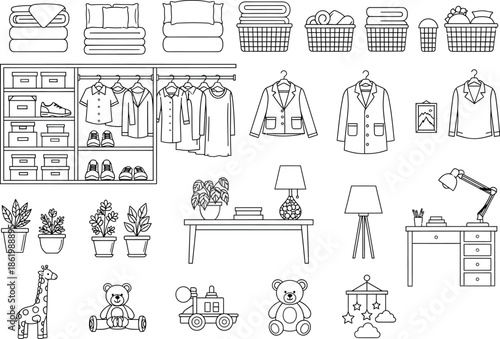 Line art collection of home items and children's toys