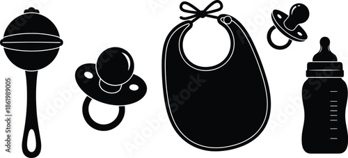 Baby care silhouette icon set, newborn feeding accessories collection, pacifier bib bottle rattle symbols isolated on white background illustration
