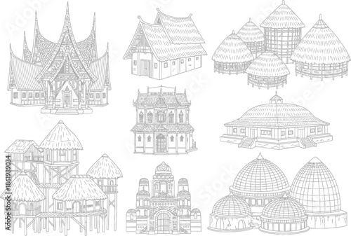 Collection of diverse architectural sketches showcasing traditional building styles