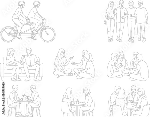 Diverse group activities: cycling, conversation, and collaboration