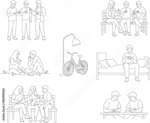 People using smartphones and interacting in various settings